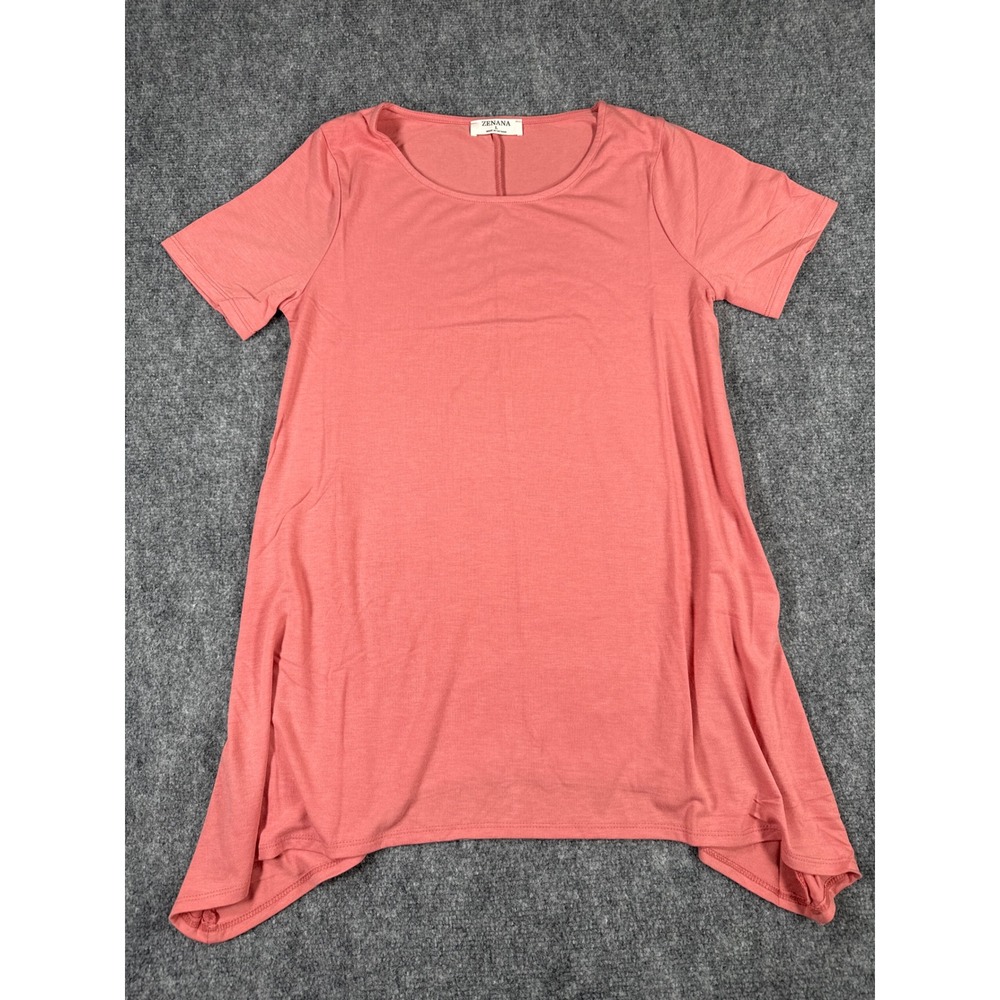 Zenana Womens Large Coral Pink Short Sleeve Sharkbite Hem Tunic Top NEW